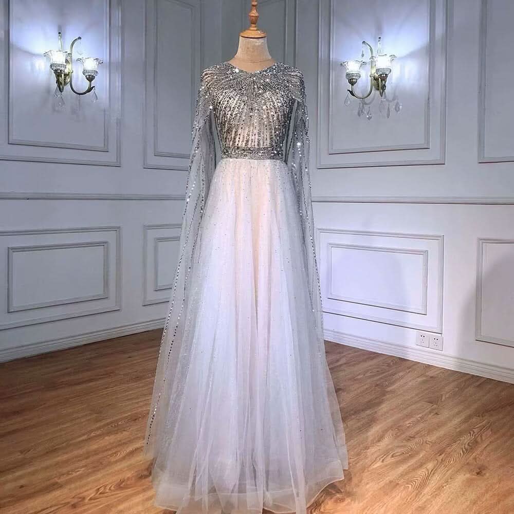 Long Sleeve Tulle Sequin Prom Dress with Fluttering A-Line Style BM bride