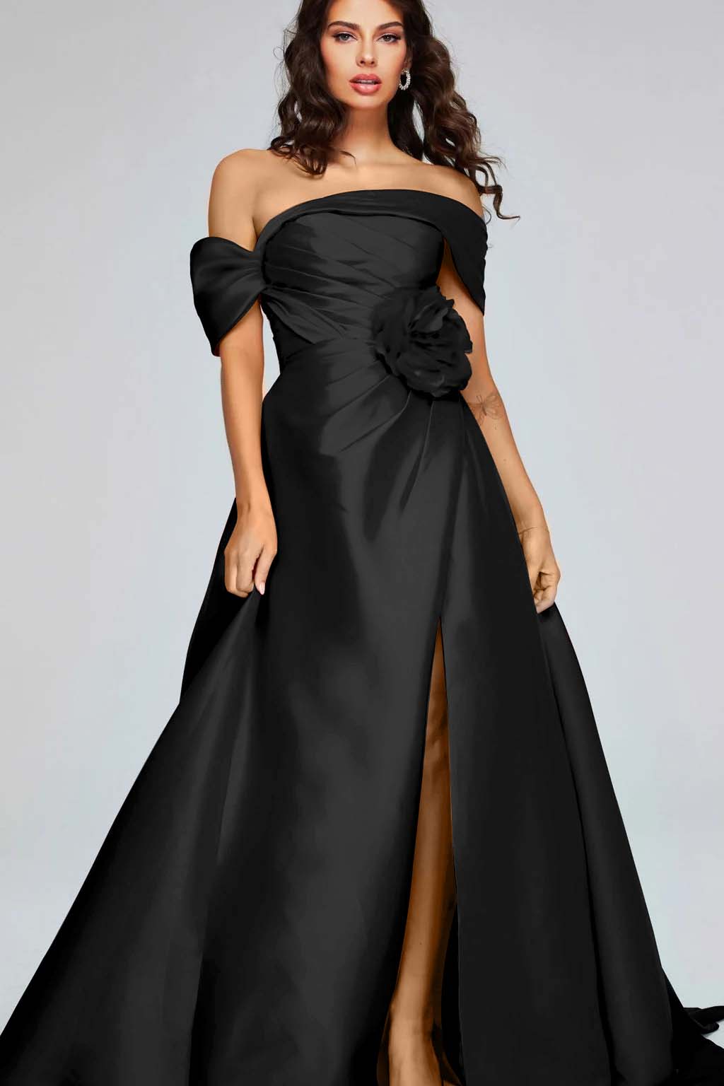 Off the Shoulder Sleeveless Long Split Prom Dress With Pleated BMBRIDE