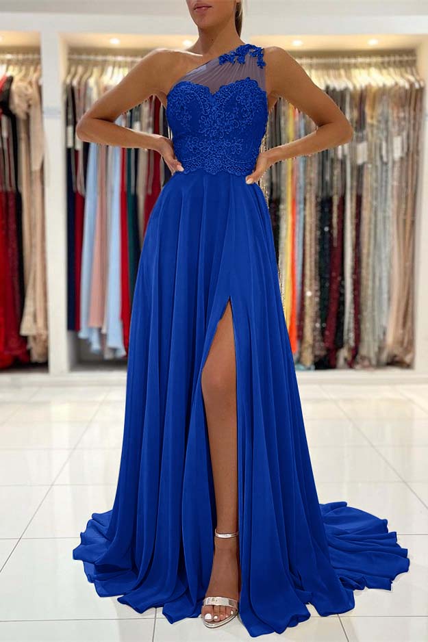 Glamorous One Shoulder Sleeveless Lace Appliques Prom Dress With Front Split BMBRIDE
