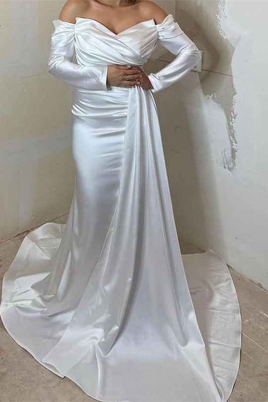 Long Sleeves Front Split Off the Shoulder Mermaid Prom Dress With Ruffles
