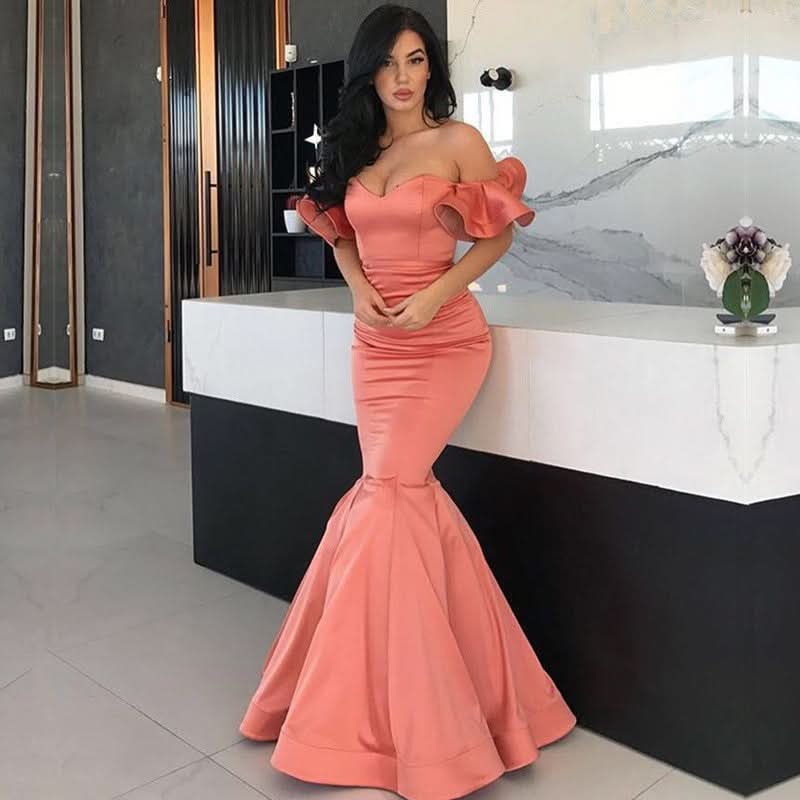 Coral Off-the-Shoulder Long Mermaid Prom Dress BM bride