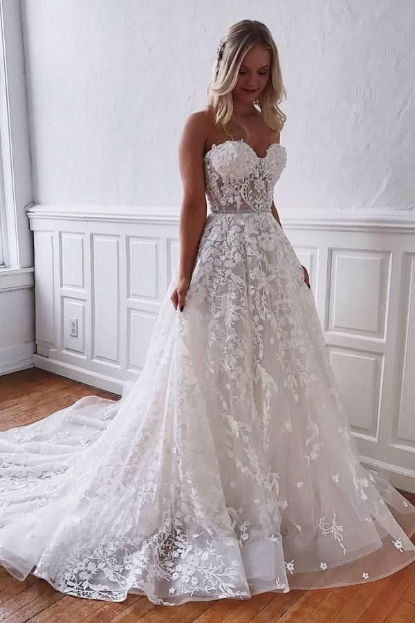 A-Line Floor-Length Wedding Dress with Sweetheart Lace BM bride