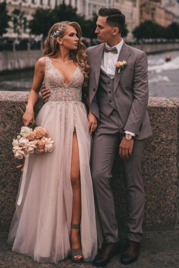Boho Long A-Line V-Neck Tulle Lace Wedding Dress with Slit and Appliques BM bride