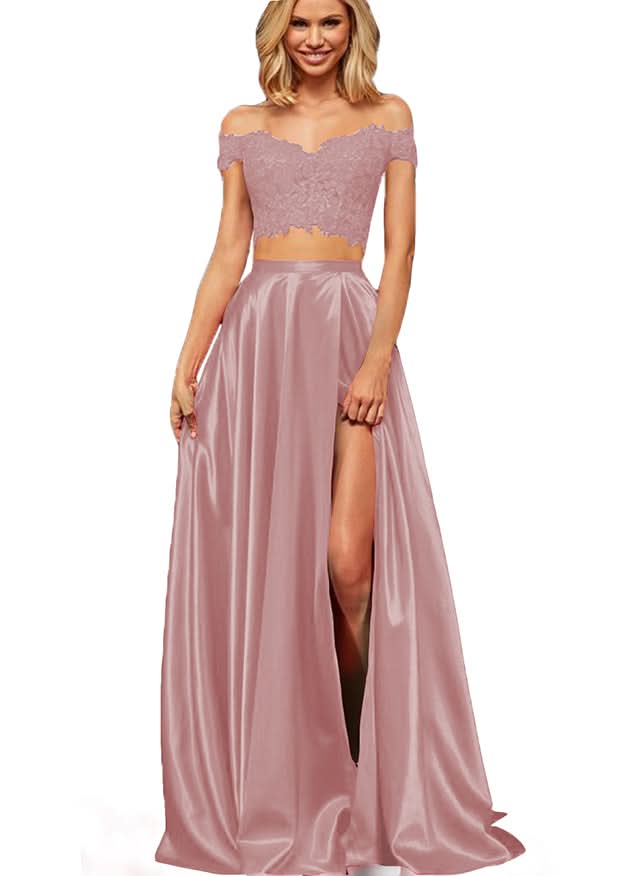 Off-the-Shoulder Two Pieces Prom Dress with Appliques and Slit BM bride