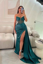 Glamorous Red Strapless Sleeveless Pleated Long Split Prom Dress With Sequins