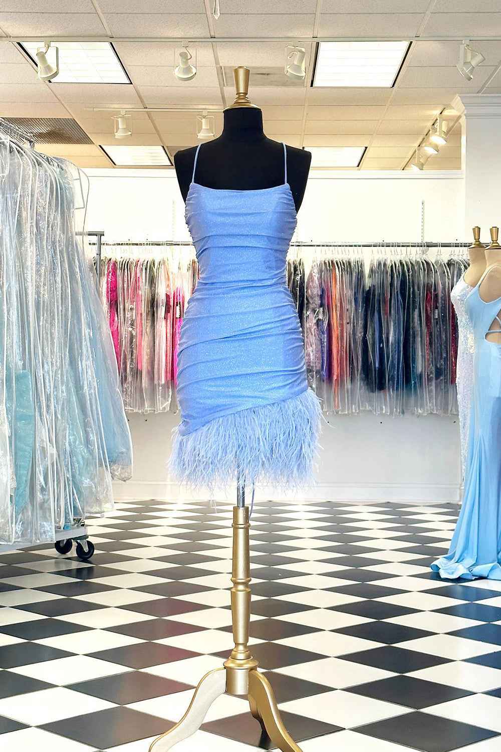 Glitter Fuchsia Feathered Tight Short Homecoming Dress