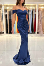 Royal Blue Off the Shoulder Sweetheart Pleated Long Prom Dress