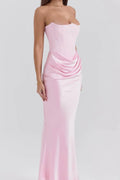 Pink Strapless Sleeveless  Mermaid Long Prom Dress With Pleated