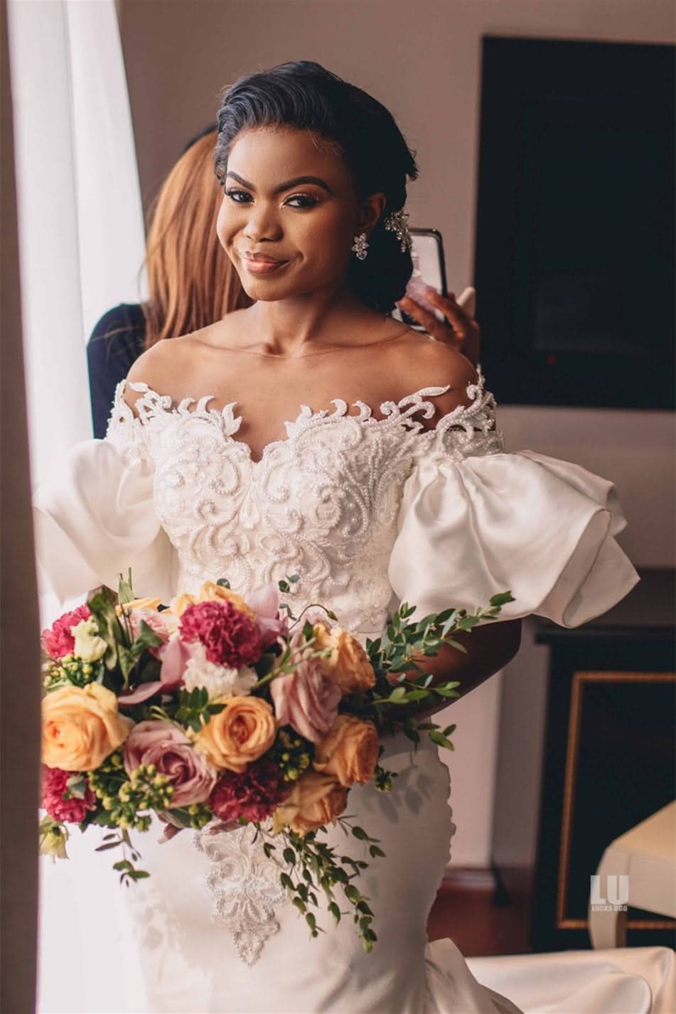 Sweetheart Bubble Sleeve Applique Mermaid Wedding Dress with Cathedral Train BM bride