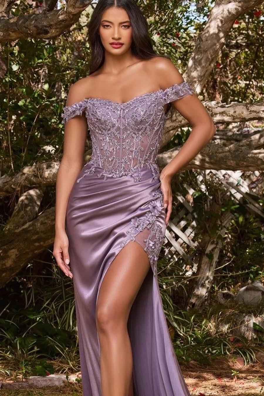 Off the Shoulder Sleeveless Split Long Prom Dress With Appliques