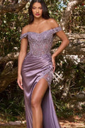 Off the Shoulder Sleeveless Split Long Prom Dress With Appliques