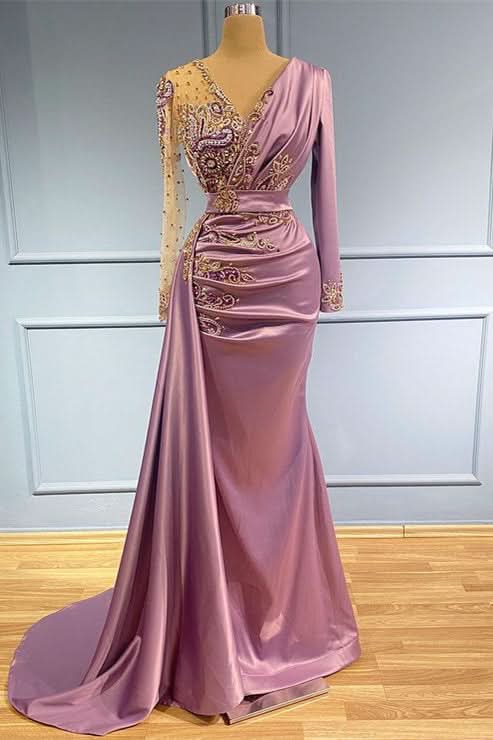 Long Sleeves V-Neck Mermaid Prom Dress with Beadings BM bride
