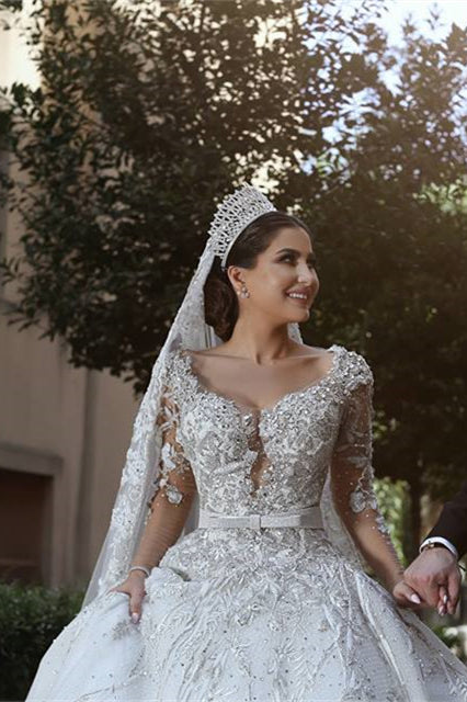 Long Sleeve Ball Gown Wedding Dress with Beading and Lace Appliques BM bride
