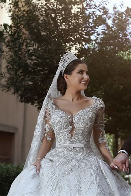 Long Sleeve Ball Gown Wedding Dress with Beaded Lace Appliques BM bride
