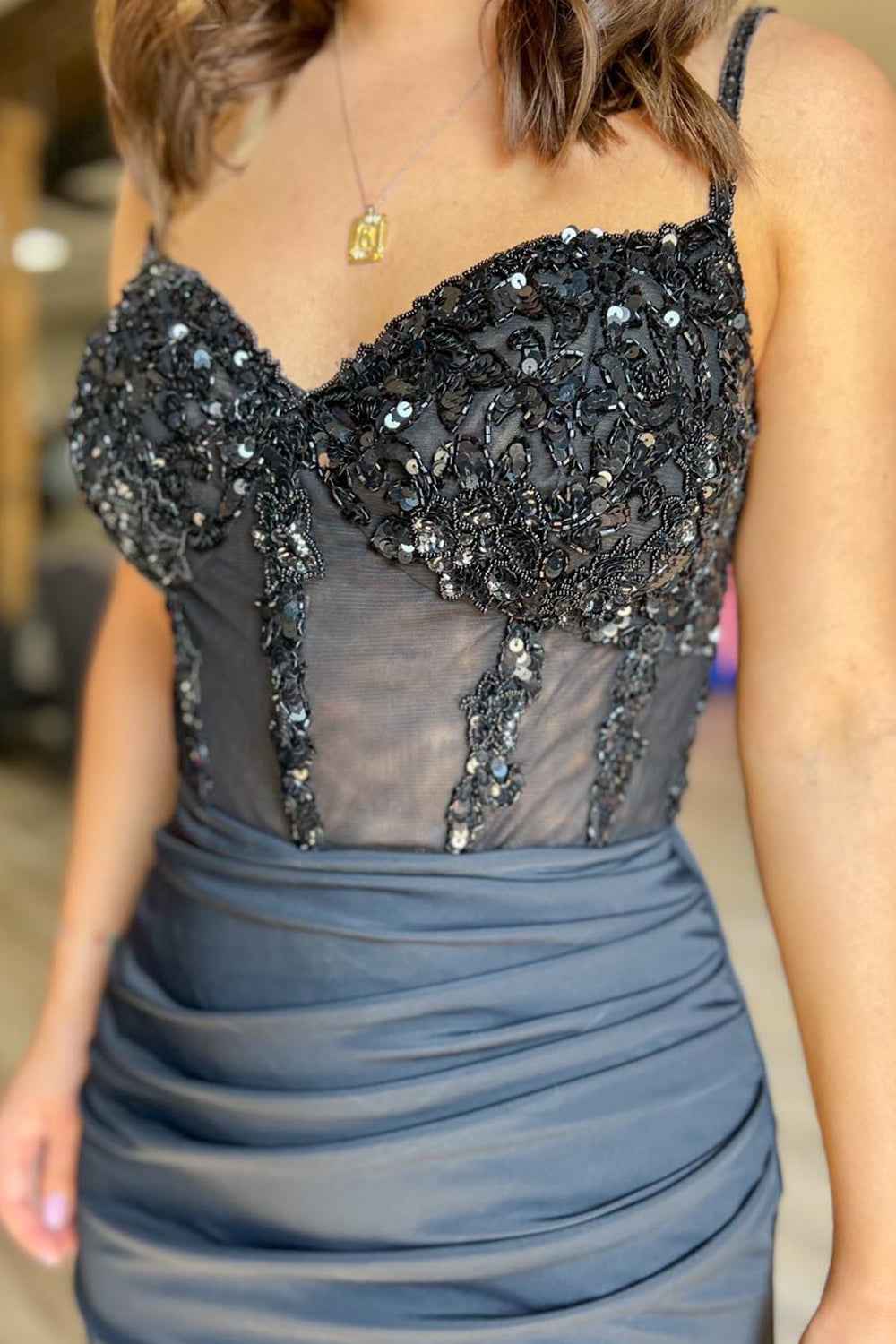Glitter Black Corset Satin Asymmetrical Tight Short Homecoming Dress with Sequins Bmbride