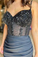 Glitter Black Corset Satin Asymmetrical Tight Short Homecoming Dress with Sequins Bmbride
