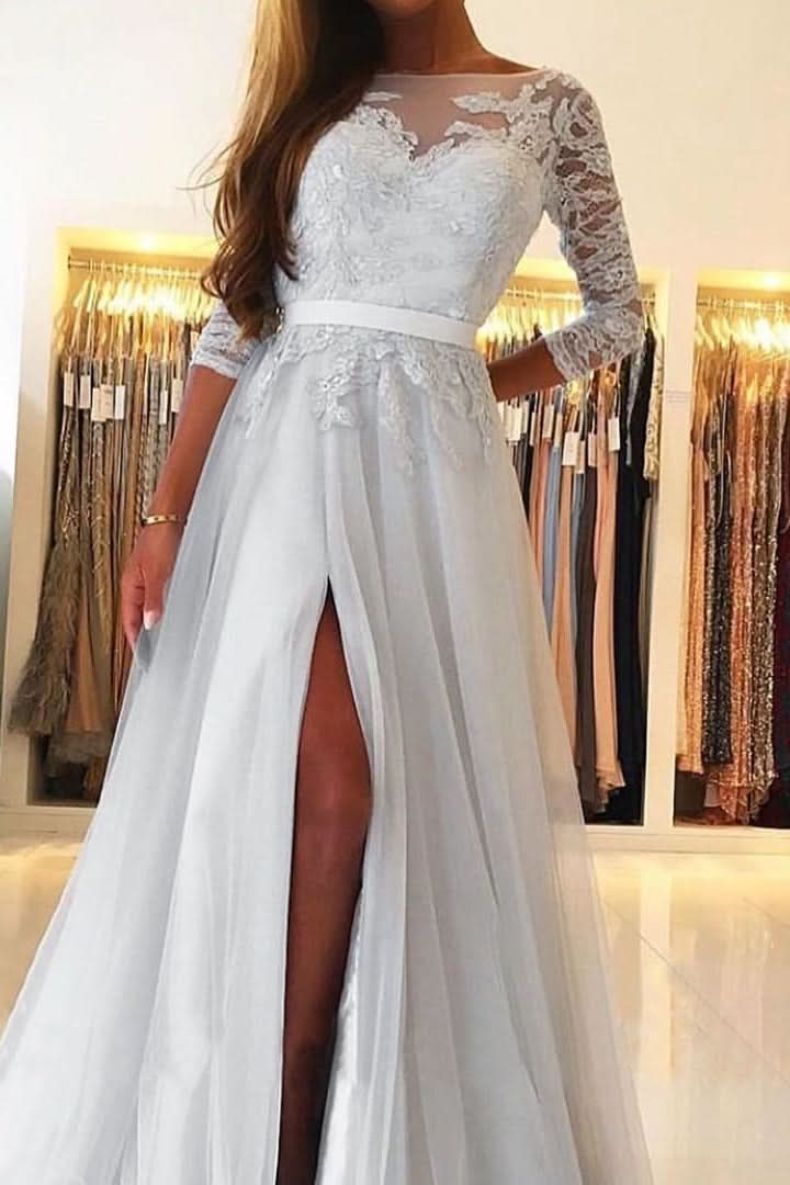 Long Sleeve A-Line Prom Dress with Lace and Split BM bride