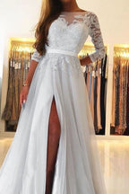 Long Sleeve A-Line Prom Dress with Lace and Split BM bride