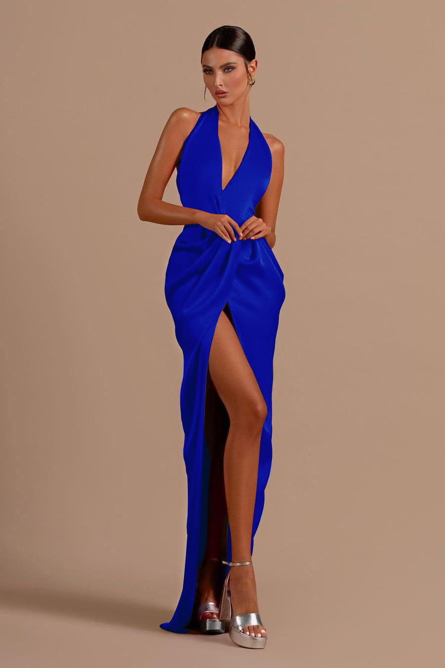 Red Halter Sleeveless Backless Long Prom Dress With Front Split BMBRIDE