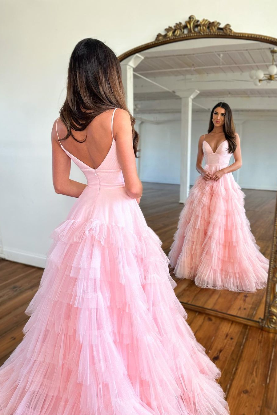 Pink Sleeveless Spaghetti Strap Tulle Mermaid Prom Dress BM bride