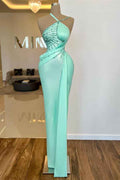 Amazing Mint Green Halter Sleeveless Mermaid Long Prom Dress With Sequins