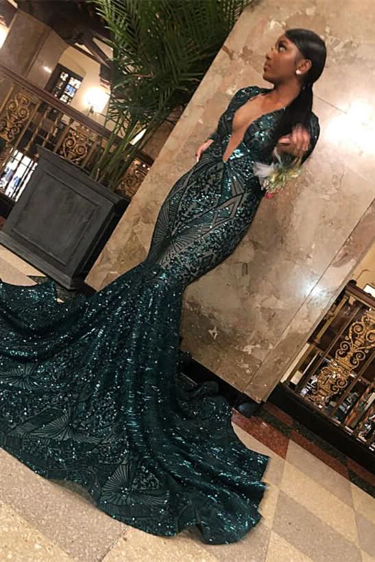 Emerald V-Neck Long Sleeves Sequins Lace Mermaid Prom Dress BM bride