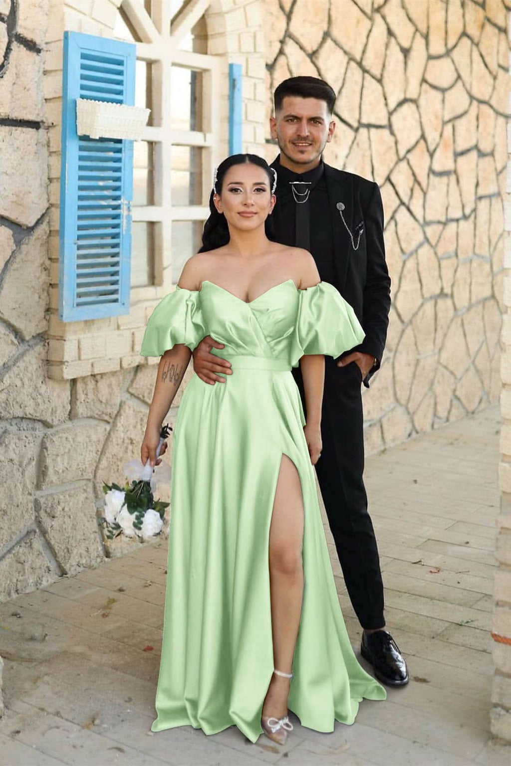 Dusty Blue Sweetheart Off-the-Shoulder Puff Sleeve Evening Dress with Front Split BM bride