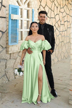 Dusty Blue Sweetheart Off-the-Shoulder Puff Sleeve Evening Dress with Front Split BM bride