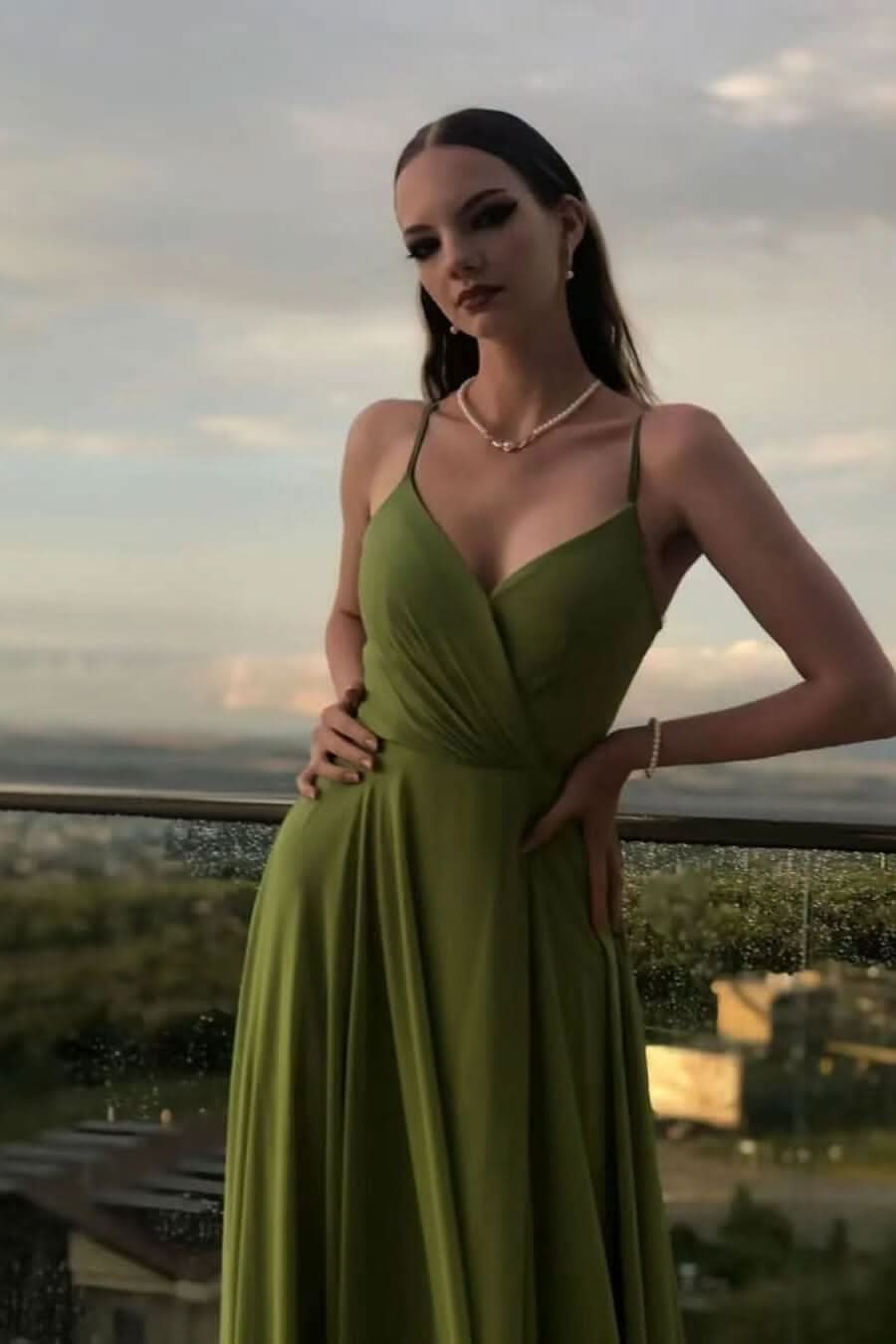 Sleeveless Spaghetti-Strap Long Chiffon A-Line Prom Dress BM bride