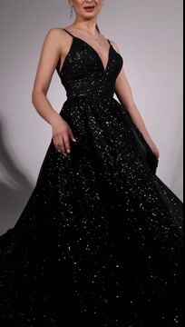 Shining Black Sequins Deep V Neck Spaghetti Strap Long Prom Dress With Split