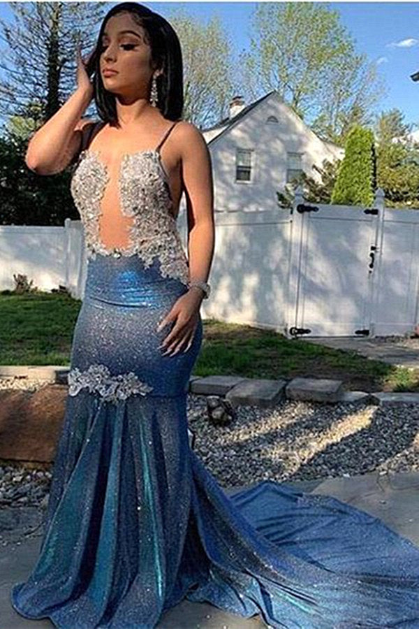 Blue Sequined Spaghetti-Straps Mermaid Long Prom Dress BM bride