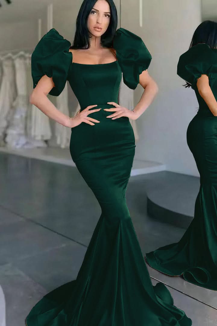 Yellow Square-Neck Bubble Sleeve Mermaid Long Prom Dress BM bride