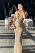 Chic Halter Neck Sleeveless Long Mermaid Prom Dress With Pleated