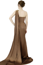 One-Shoulder Sleeveless Brown Long Prom Dress with Slit BM bride