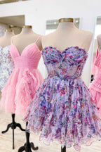 Pink Corset Sweetheart Flower A-Line Short Homecoming Dress with Ruffles Bmbride