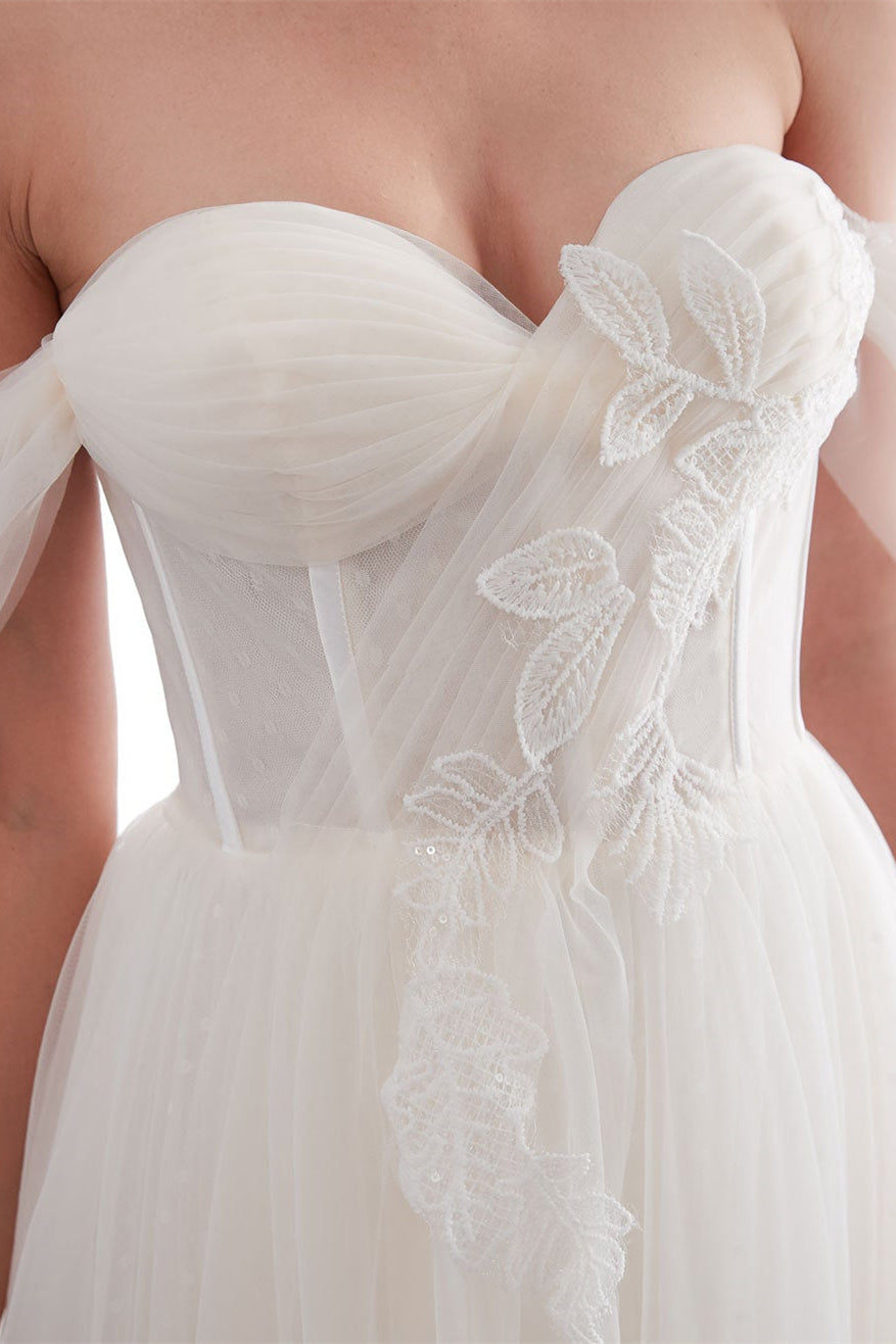 Long Off-the-Shoulder Tulle Wedding Dress BM bride