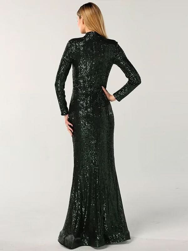 Black Green Long Sleeve Sexy Mermaid Prom Dress BM bride