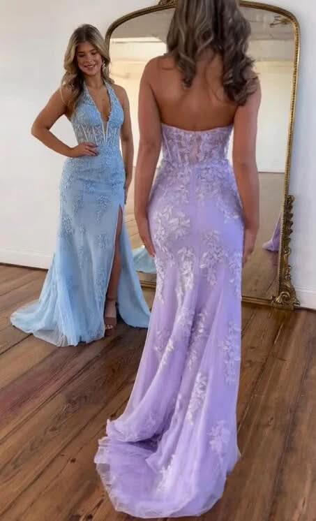 Fitted Lace Blue Prom Dress with Split BM bride