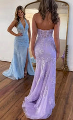 Fitted Lace Blue Prom Dress with Split BM bride