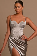 Grey Ball Gown Evening Dress with Slit Pleated Spaghetti Straps BM bride