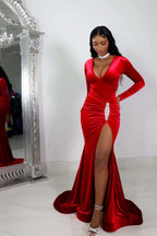 Red Long Sleeve Simple Prom Dress with High Slit and Pleated BM bride