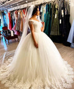 Off-the-shoulder Backless Wedding Dress With Beading Details Tassel Tulle BM bride
