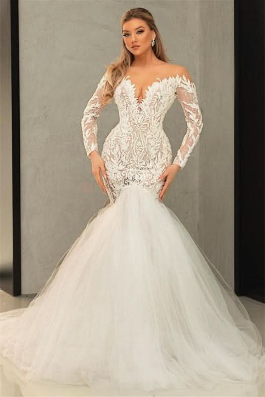 Long Sleeve V-Neck Tulle Mermaid Wedding Dress with Lace BM bride