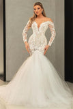 Long Sleeve V-Neck Tulle Mermaid Wedding Dress with Lace BM bride
