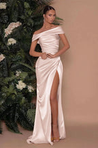 Champagne Off-The-Shoulder Charmeuse Prom Dress with Split Mermaid BM bride