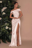 Champagne Off-The-Shoulder Charmeuse Prom Dress with Split Mermaid BM bride