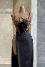 Black Spaghetti-Strap Mermaid Evening Dress with Beadings Sequins and Slit BM bride