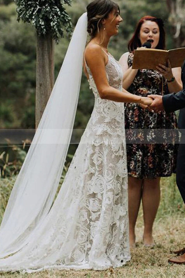 Charming Spaghetti Straps Lace Backless A-line Wedding Dress with Grace BM bride