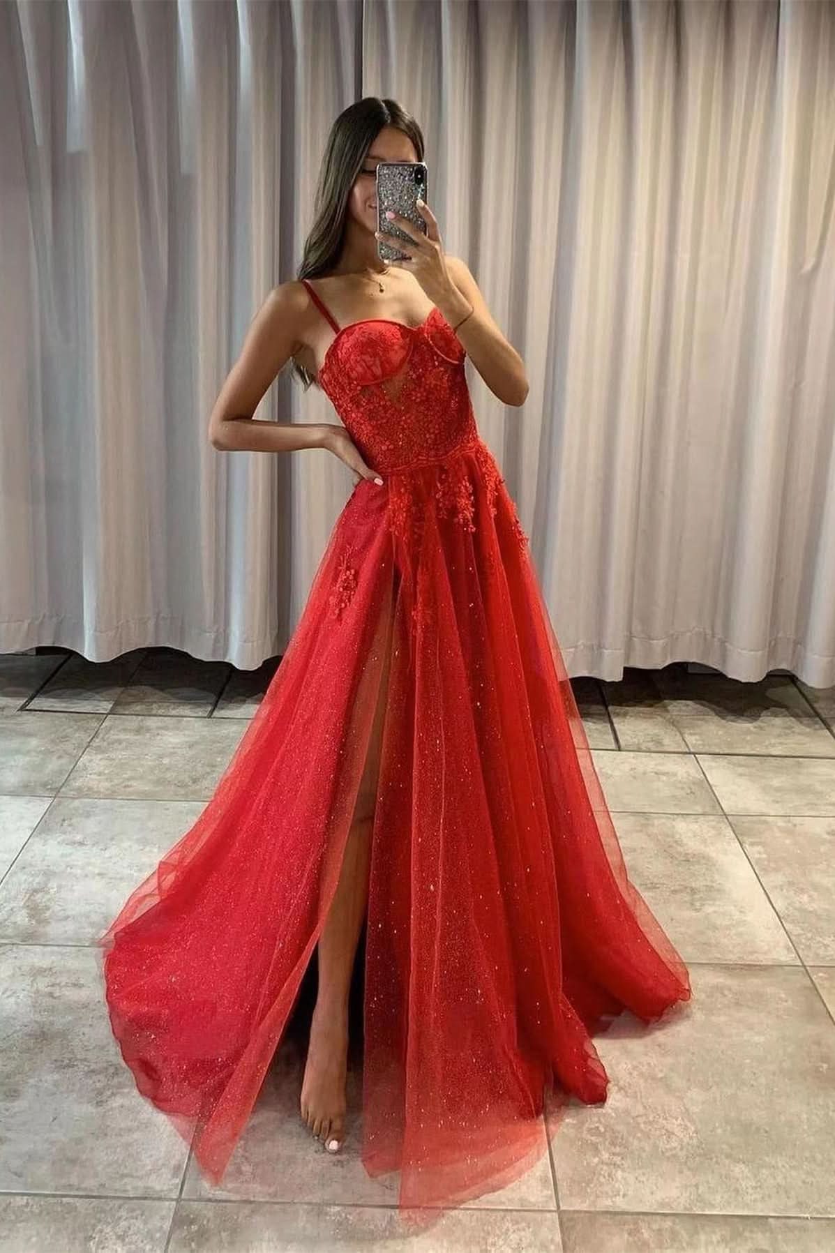 Red Spaghetti-Strap Sweetheart Sequined Prom Dress with Slit and Tulle BM bride