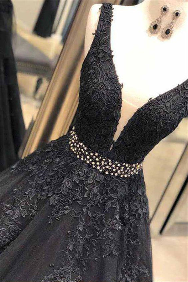 Black V Neck Backless Sleeveless Prom Dress With Applique Beading